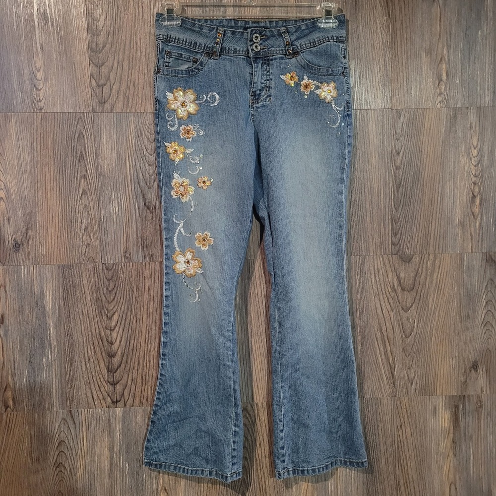 Vtg Y2K Angels Boot Jeans 8P Embellish Rhinestone Sequin Embroidered Floral READ